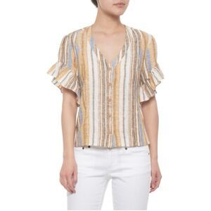 DREW Anthropologie Linen Blend Striped Ruffle Short Sleeve Top Blouse Size Large